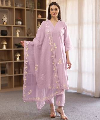 lilac linen straight kurta suit set with thread embroidery 1