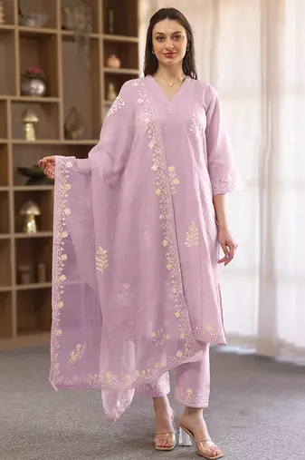 Lilac embroidered linen straight suit set
