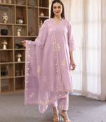 Lilac embroidered linen straight suit set