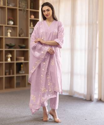 lilac linen straight kurta suit set with thread embroidery 2