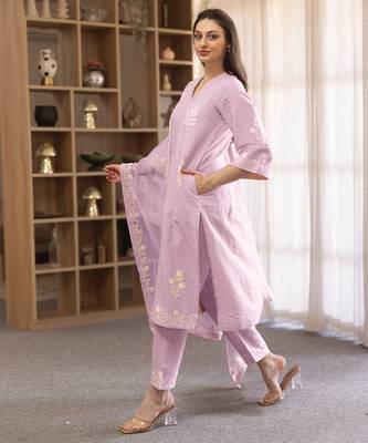 lilac linen straight kurta suit set with thread embroidery 3