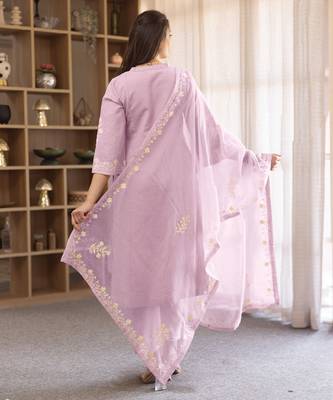 lilac linen straight kurta suit set with thread embroidery 4