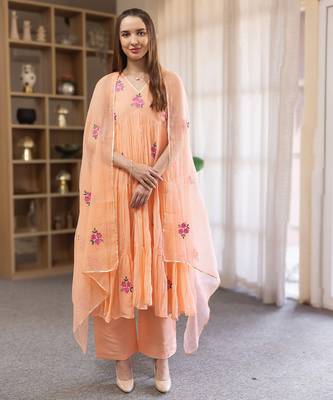 peach mul cotton anarkali set with floral embroidery 1