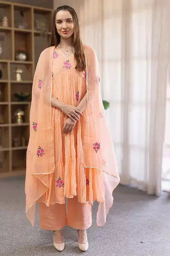 Peach embroidered mulmul anarkali set