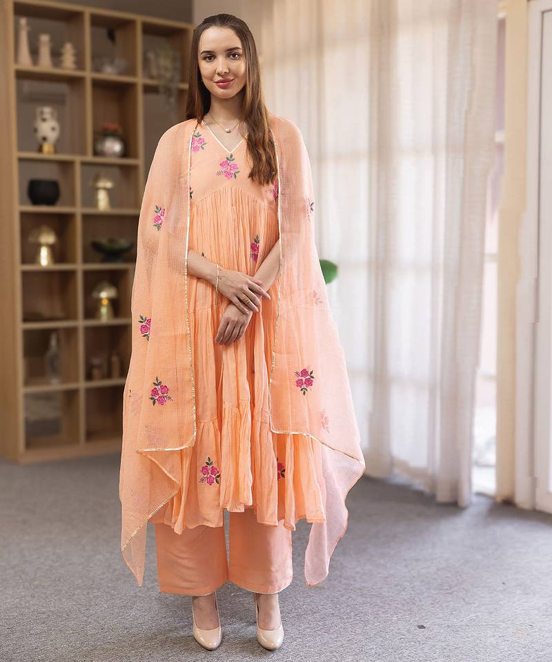 Peach embroidered mulmul anarkali set