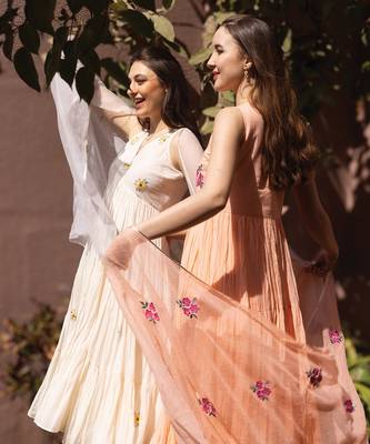 peach mul cotton anarkali set with floral embroidery 5