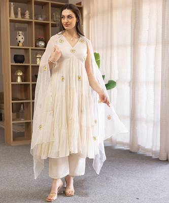 off white mul cotton anarkali set with floral embroidery 1