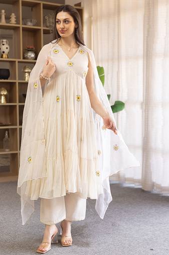 Off white embroidered mulmul anarkali set