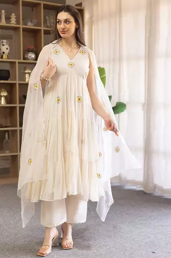 Off white embroidered mulmul anarkali set