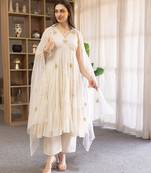 Off white embroidered mulmul anarkali set