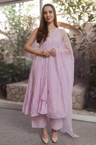 Lilac embroidered mulmul anarkali set