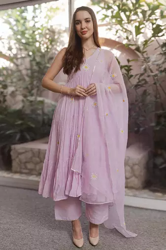 Lilac embroidered mulmul anarkali set