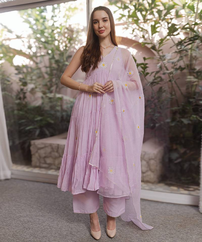 Lilac embroidered mulmul anarkali set