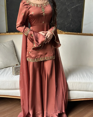 brown embroidered sequin crepe sharara set 3