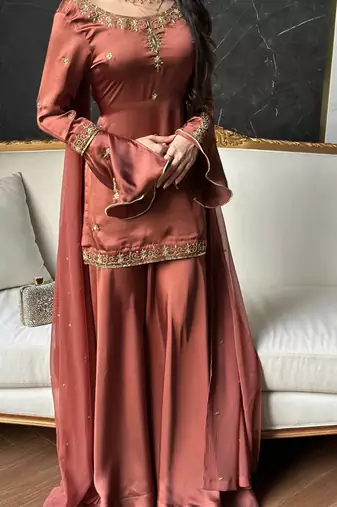 brown embroidered sequin crepe sharara set