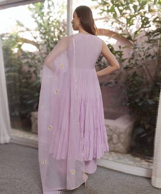 lilac mul cotton anarkali set with floral embroidery 3