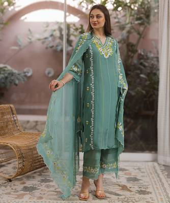 green viscose straight suit set with floral embroidery 1