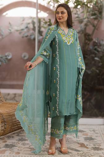 Green embroidered viscose straight suit set