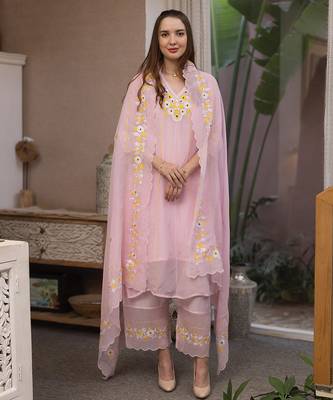 baby pink viscose straight suit set with floral embroidery 1