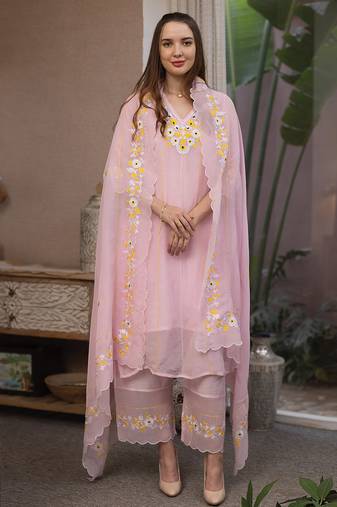Baby pink embroidered viscose straight suit set