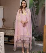 Baby pink embroidered viscose straight suit set