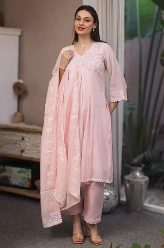 Light pink embroidered mul chanderi straight suit set