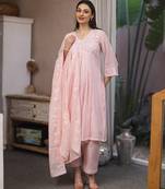 light pink mul chanderi straight suit set for festive wear