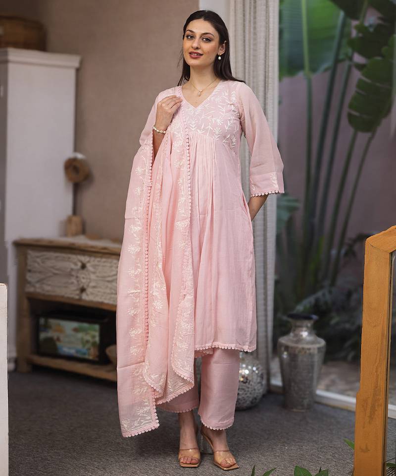 Light pink embroidered mul chanderi straight suit set