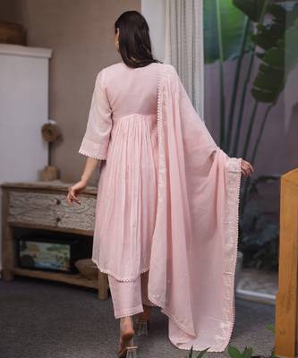 light pink mul chanderi straight suit set for festive wear 3