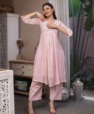 light pink mul chanderi straight suit set for festive wear 5