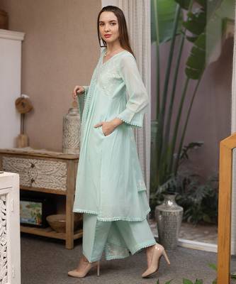 sea green mul chanderi straight suit set for festive wear 2