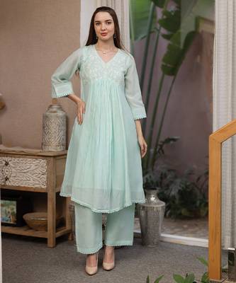 sea green mul chanderi straight suit set for festive wear 1
