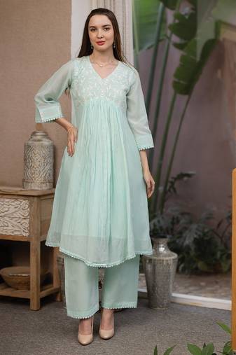 Sea green embroidered mul chanderi straight suit set
