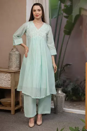 Sea green embroidered mul chanderi straight suit set