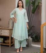 Sea green embroidered mul chanderi straight suit set