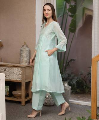 sea green mul chanderi straight suit set for festive wear 3