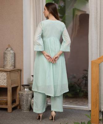 sea green mul chanderi straight suit set for festive wear 4