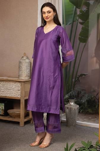 Purple embroidered chanderi straight suit set