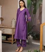 Purple embroidered chanderi straight suit set