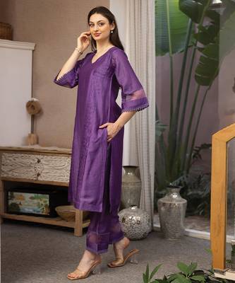 purple chanderi suit set with subtle embroidery 2