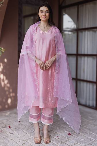 Baby pink embroidered chanderi straight suit set