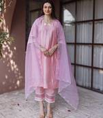 Baby pink embroidered chanderi straight suit set