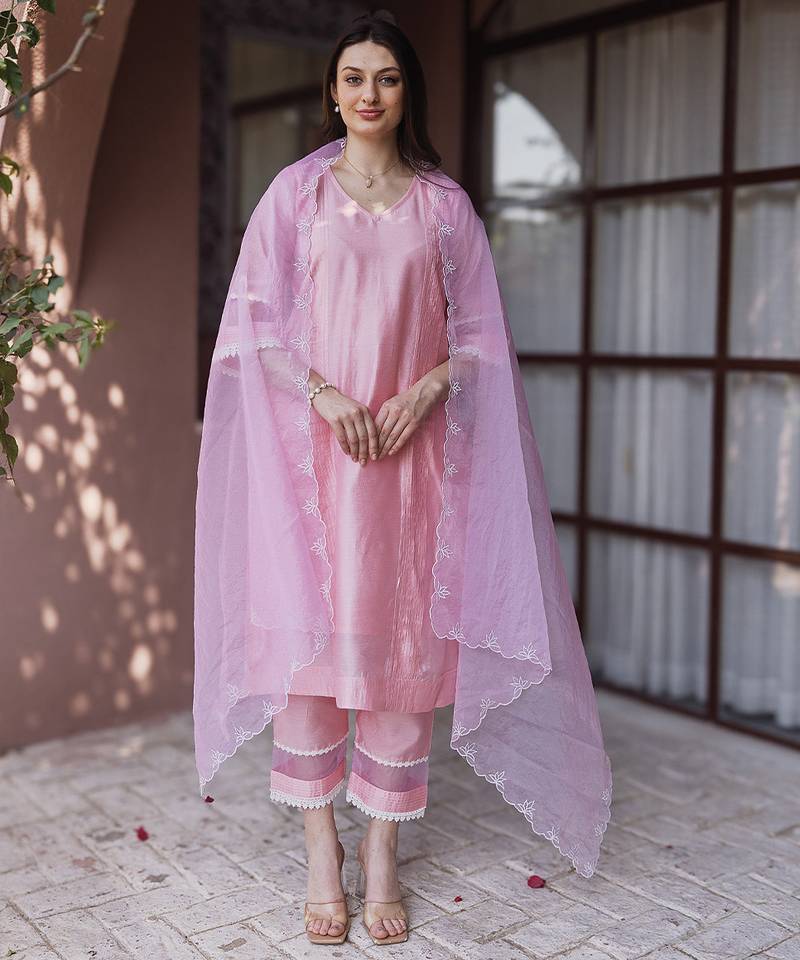 Baby pink embroidered chanderi straight suit set