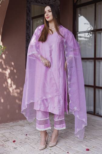 Lavender embroidered chanderi straight suit set