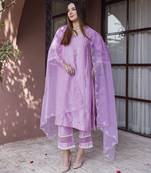 Lavender embroidered chanderi straight suit set