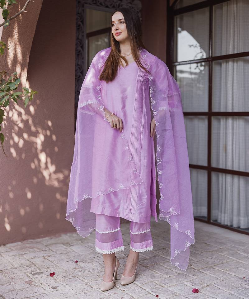 Lavender embroidered chanderi straight suit set