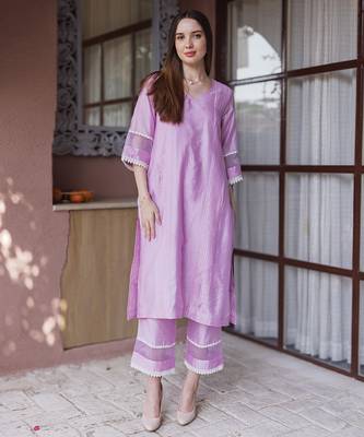 lavender chanderi straight suit set with subtle embroidery
 5