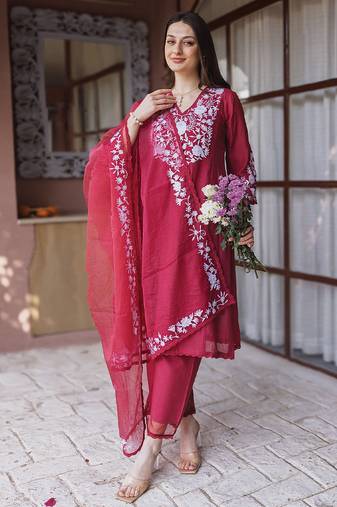 Maroon embroidered mul chanderi straight suit set