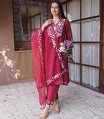 Maroon embroidered mul chanderi straight suit set