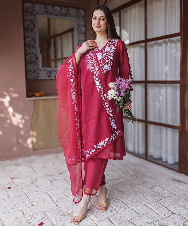 Maroon embroidered mul chanderi straight suit set